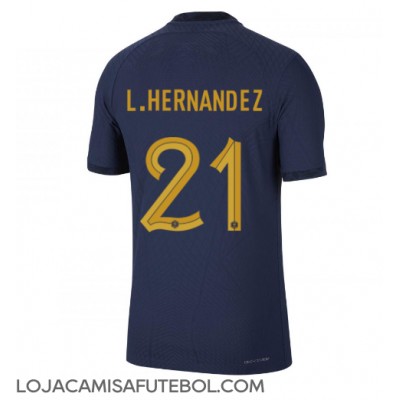 Camisa de Futebol França Lucas Hernandez #21 Equipamento Principal Mundo 2022 Manga Curta